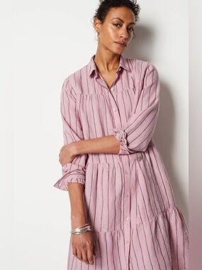 J. Jill Love Linen Tiered Midi Shirt Dress Pink Stripe Size XL Petite Summer
